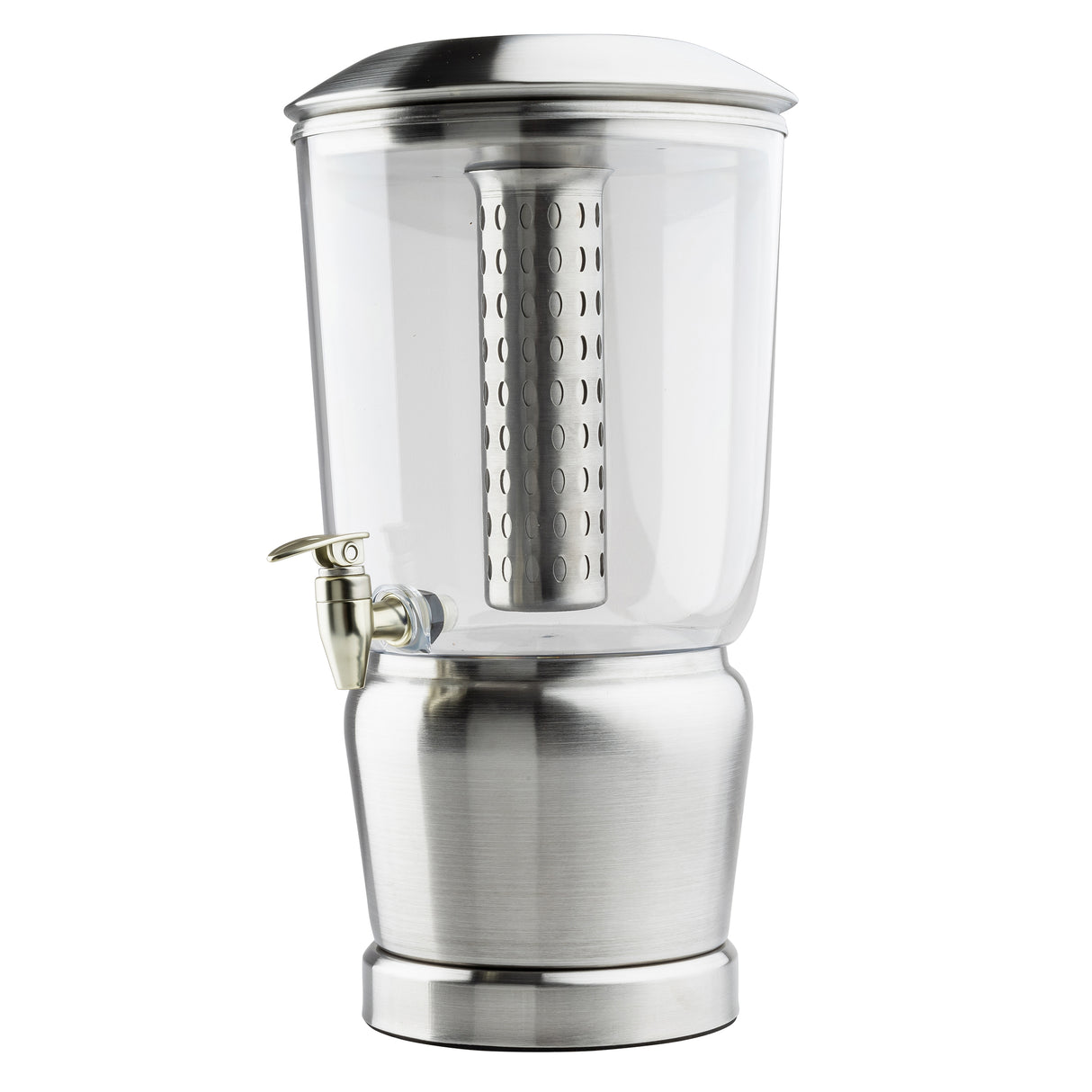 A BPA free beverage dispenser featuring a stainless steel infuser, a metal spigot, and a domed lid. The clear body displays the removable infuser inside, set against a white background for a modern touch.