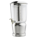 A BPA free beverage dispenser featuring a stainless steel infuser, a metal spigot, and a domed lid. The clear body displays the removable infuser inside, set against a white background for a modern touch.