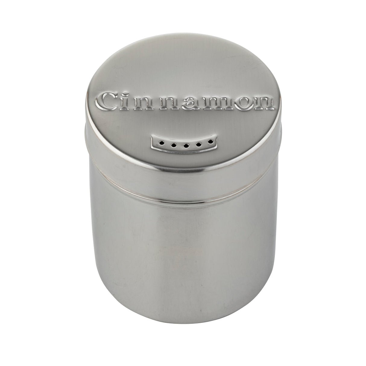 A round, stainless steel spice shaker with "Cinnamon" embossed on the lid. The smooth, reflective surface and small dispensing holes make it perfect as a coffee shaker for gourmet coffee. The container appears clean and unused.