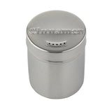 A round, stainless steel spice shaker with "Cinnamon" embossed on the lid. The smooth, reflective surface and small dispensing holes make it perfect as a coffee shaker for gourmet coffee. The container appears clean and unused.