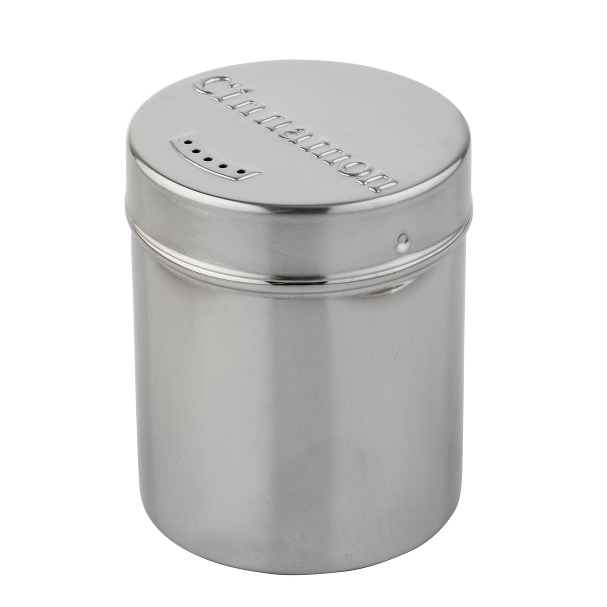 A stainless steel coffee shaker labeled “Cinnamon” on the lid, with small holes for dispensing and a cylindrical, shiny body—perfect for adding a touch of spice to your gourmet coffee. The container is displayed against a white background.