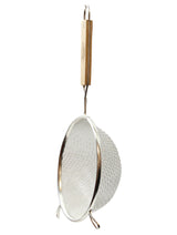 A double fine mesh strainer with a round frame features two small support hooks and a long wooden handle, perfect for sifting or straining food items in the kitchen with precision.