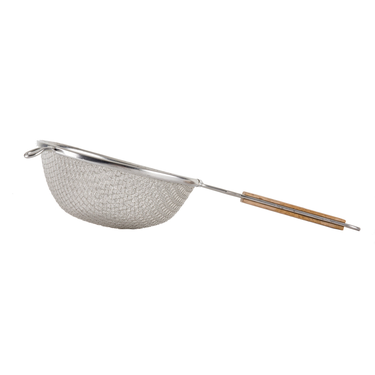 A metal strainer with a double fine mesh basket and a long wooden handle featuring two grips, viewed from the side on a white background. Opposite the handle is a small metal loop for stability when resting on a bowl or pot.
