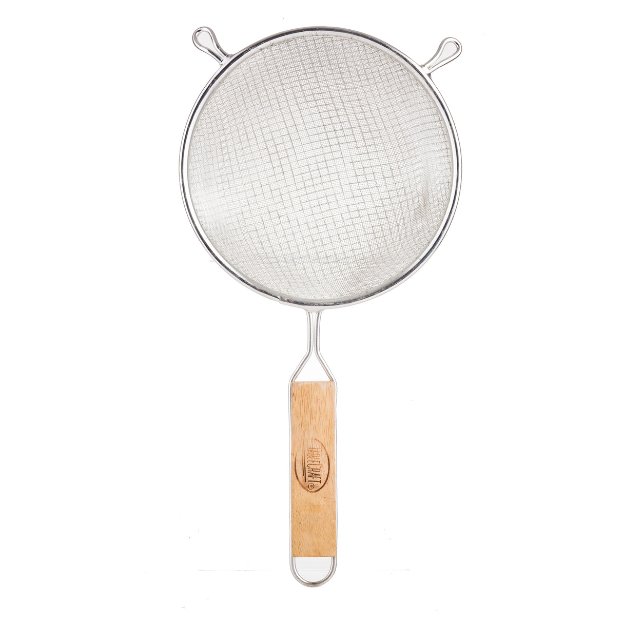 A double fine mesh strainer with a round stainless steel frame and two small support hooks, featuring a long wooden handle with a visible brand logo. The photo is taken from above against a white background.