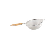 A double fine mesh strainer with a round bowl and a long, partly wooden handle. The metal loop at the end allows for easy hanging. The strainer is isolated on a white background.