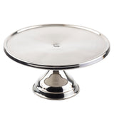 A shiny, round, stainless steel cake stand with a smooth flat top and a wide, sturdy pedestal base, photographed against a plain white background. The surface has a slight circular pattern, reflects light, and is dishwasher safe.