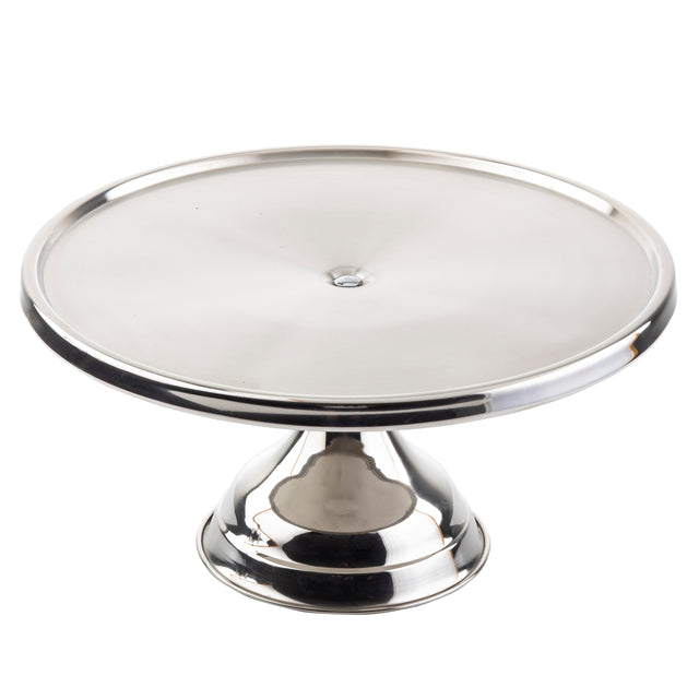 A shiny, round, stainless steel cake stand with a smooth flat top and a wide, sturdy pedestal base, photographed against a plain white background. The surface has a slight circular pattern, reflects light, and is dishwasher safe.