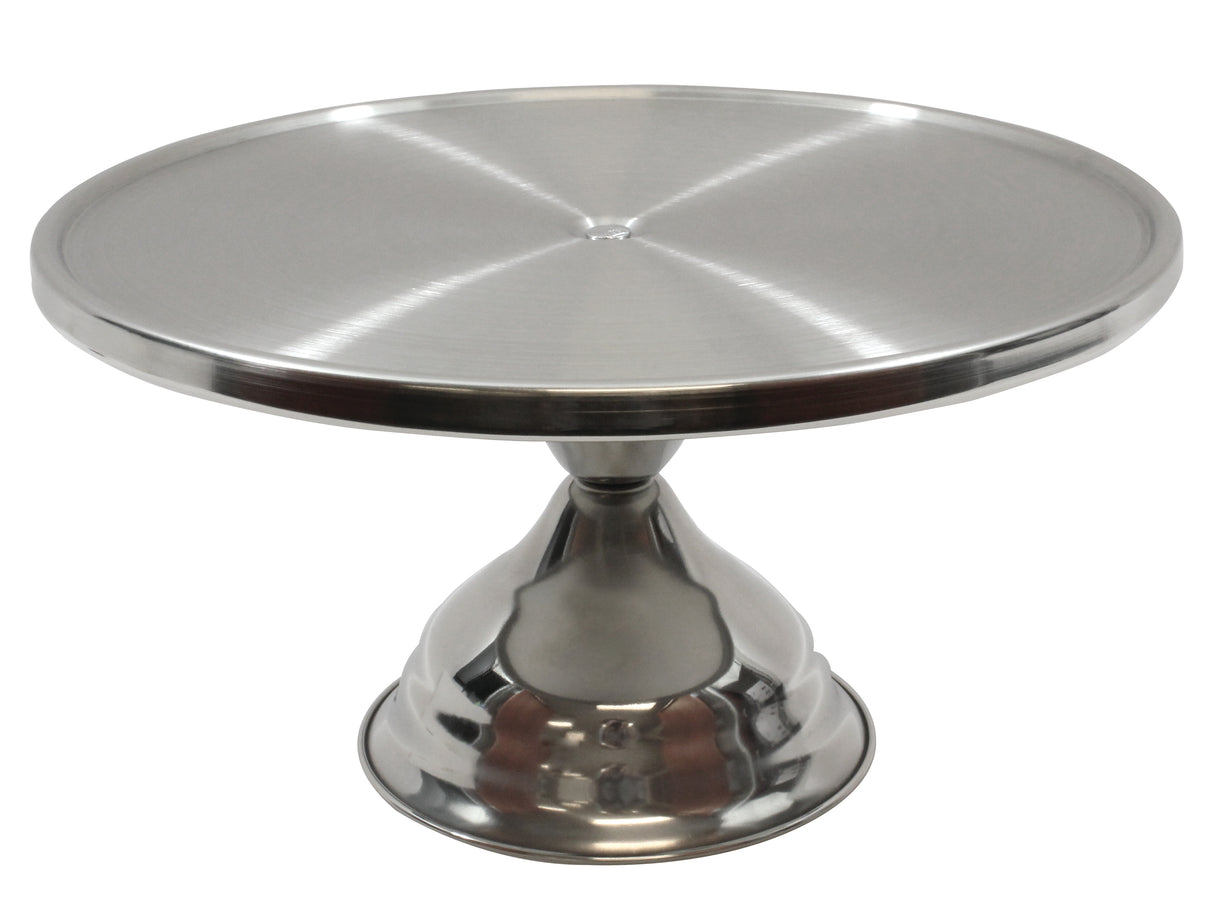A shiny, round stainless steel cake stand with a flat, smooth top and a wide, sturdy base. The dishwasher safe stand features a modern, minimalist design and subtle circular patterns that reflect light beautifully.