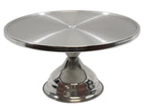 A shiny, round stainless steel cake stand with a flat, smooth top and a wide, sturdy base. The dishwasher safe stand features a modern, minimalist design and subtle circular patterns that reflect light beautifully.
