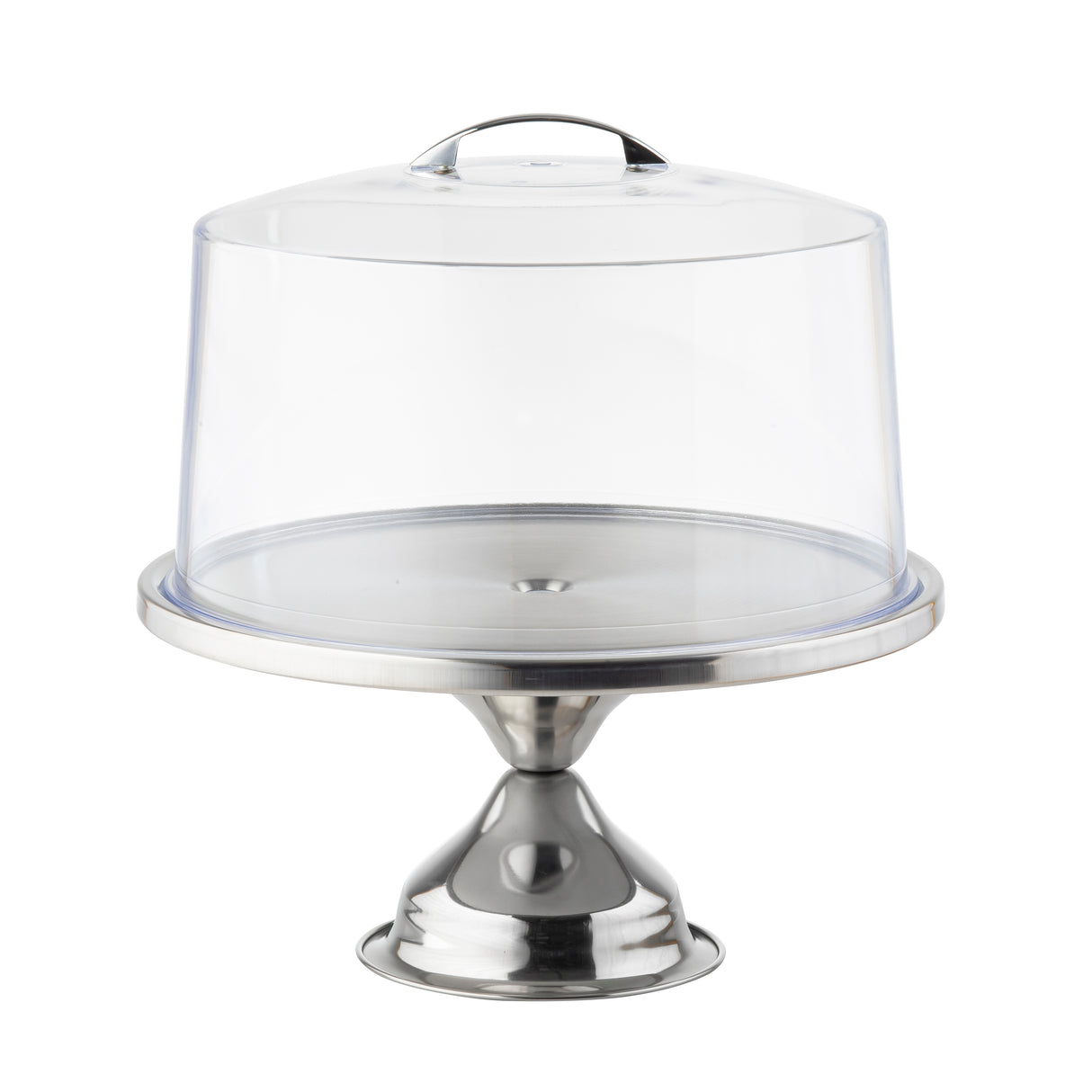 A cake stand with a stainless steel base and a shiny, reflective finish. The clear plastic cover, featuring a metal handle, fits snugly to keep cakes protected while displaying them beautifully.