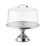 A cake stand with a stainless steel base and a shiny, reflective finish. The clear plastic cover, featuring a metal handle, fits snugly to keep cakes protected while displaying them beautifully.