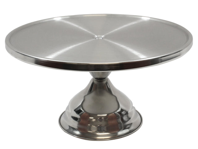 A shiny, stainless steel cake stand with a flat, circular top and wide base. The surface features a subtle brushed pattern, while the sleek base has a reflective finish. This cake stand is dishwasher safe and displayed against a white background.