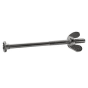 A silver metal bolt with a hexagonal head and partially threaded shaft, paired with a TableCraft 821U wing nut. The wing nut, featuring two wide extensions for hand tightening, is partially screwed onto the threaded end of the bolt.