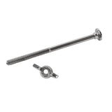 A metal TableCraft 821U machine screw with a round head and partial threading lies next to a matching wing nut. Both silver items are positioned on a plain white background, with the wing nut’s two wings and central hole clearly visible.
