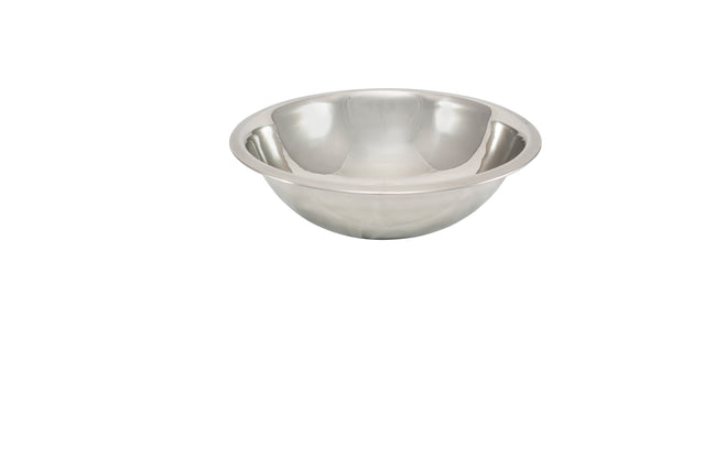 A shiny, empty 3 qt. stainless steel mixing bowl sits on a white background. The bowl features a wide rim and smooth, reflective surface with visible highlights and reflections. No other objects are present in the image.
