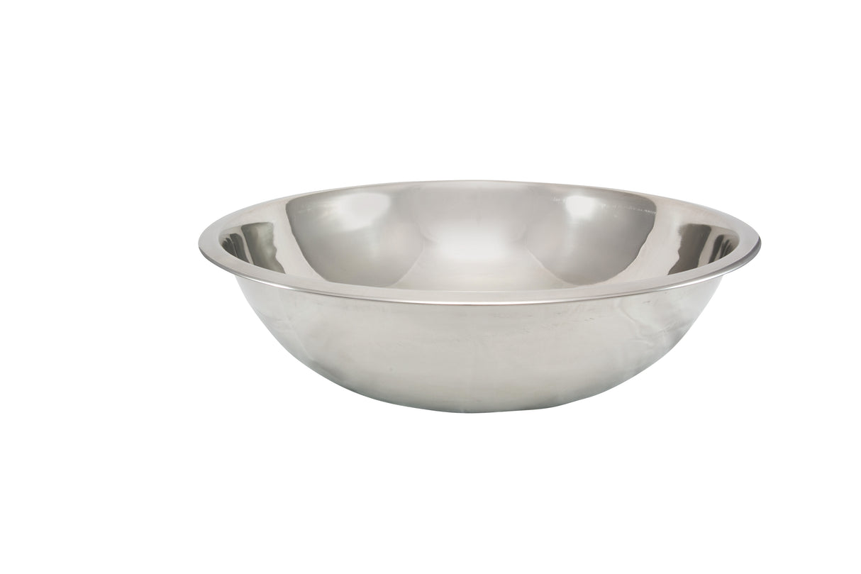 A shiny, round 4 qt stainless steel mixing bowl with a wide rim sits empty against a plain white background. The bowl’s reflective surface creates subtle highlights and shadows.