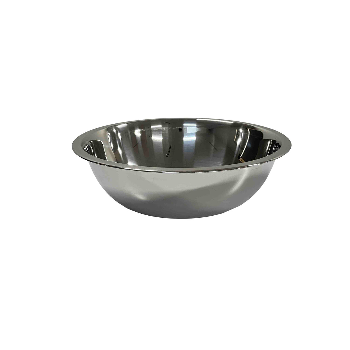 A shiny 8 qt stainless steel mixing bowl with a wide rim and smooth, reflective surface is shown against a plain white background. The bowl is empty and features a simple, modern design.