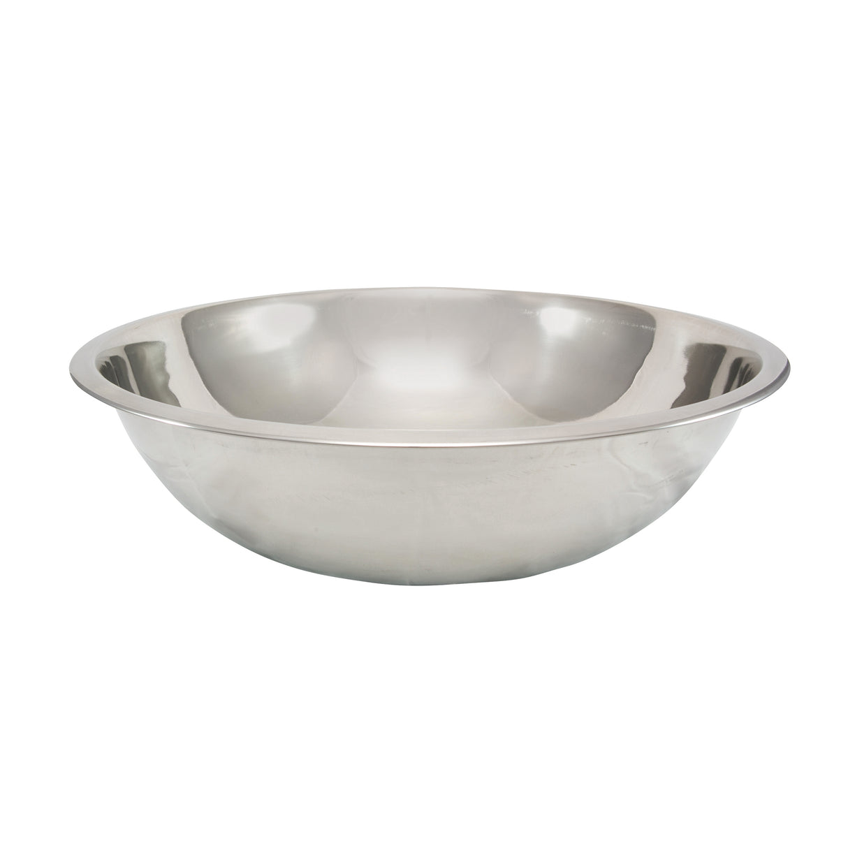 A shiny, empty 8 qt stainless steel mixing bowl with a wide, shallow shape and a reflective surface, shown against a plain white background.