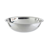 A shiny, empty 13 qt. stainless steel Mixing Bowl with a rounded shape and a wide, flat rim sits against a plain white background. Its reflective surface displays faint reflections of nearby objects and light sources.