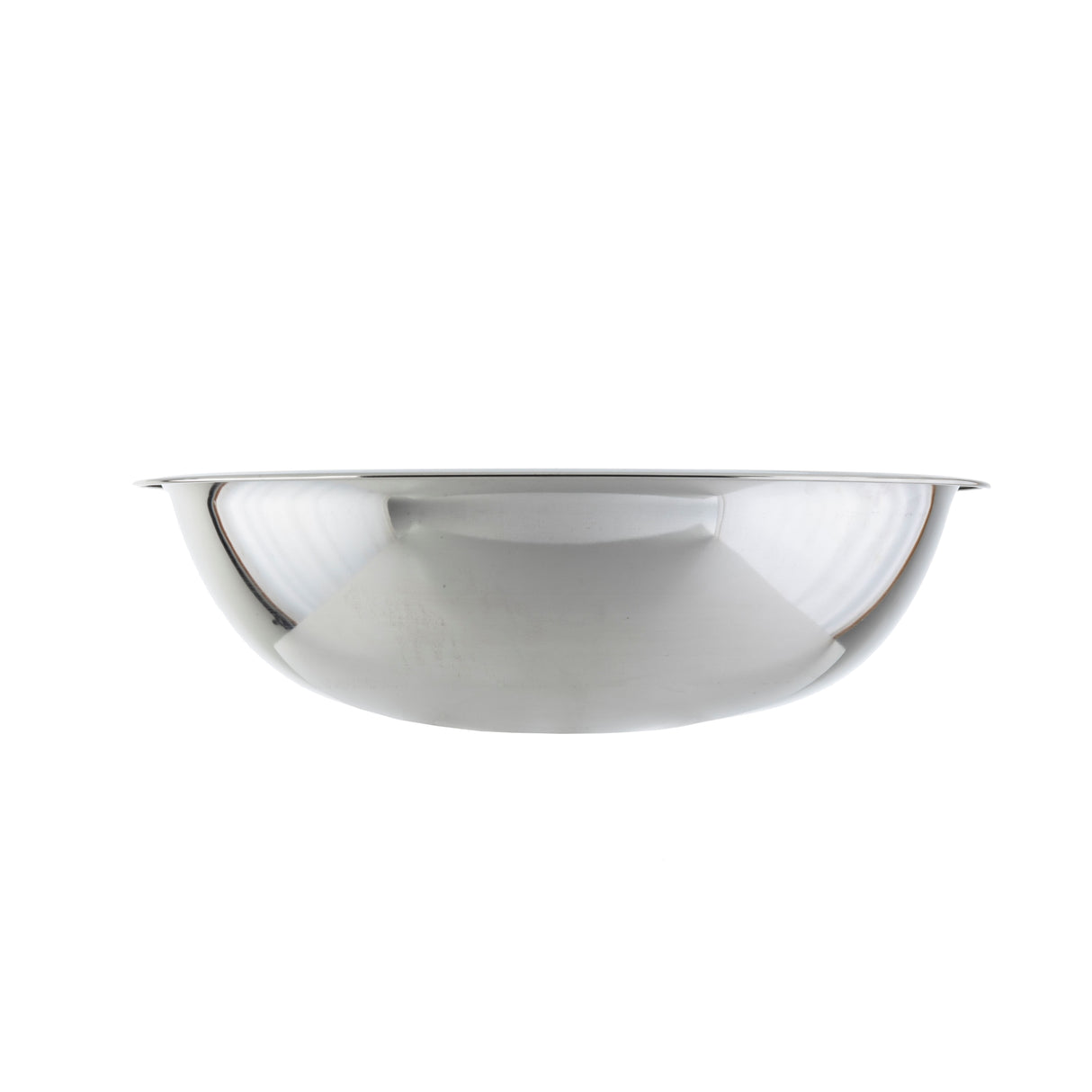 A shiny, 13 qt. stainless steel Mixing Bowl with a wide rim, viewed from the side against a plain white background. The reflective surface displays subtle light and shadow, emphasizing its smooth, curved shape.