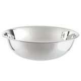 A shiny, empty 20 qt stainless steel mixing bowl with a wide rim and a smooth, reflective surface is shown against a plain white background. The bowl appears clean and slightly rounded in shape.