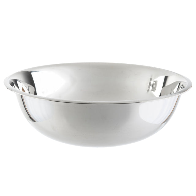 A shiny, empty 20 qt stainless steel mixing bowl with a wide rim and a smooth, reflective surface is shown against a plain white background. The bowl appears clean and slightly rounded in shape.