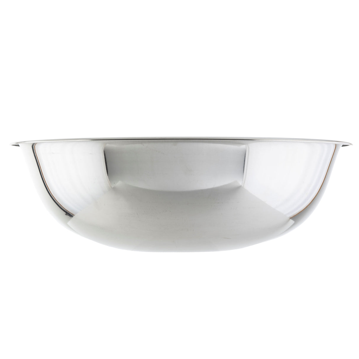 A plain, shiny 20 qt stainless steel mixing bowl is shown against a white background. The bowl has smooth, curved sides and a wide rim, with a reflective surface that catches the light. The image is taken from the side, highlighting its depth.