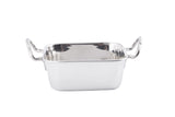 A shiny, rectangular stainless steel mini roast pan with high sides and two curved handles on each end, photographed on a white background. The surface is reflective and smooth, with clean lines; it's also dishwasher safe for easy cleaning.