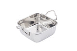 A shiny, square Mini Roast Pan with rounded edges and two ornate handles sits empty on a white background. Made from stainless steel, this dishwasher safe pan features a reflective surface and elegant design.