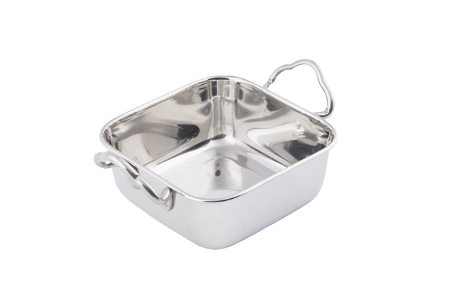 A shiny, square Mini Roast Pan with rounded edges and two ornate handles sits empty on a white background. Made from stainless steel, this dishwasher safe pan features a reflective surface and elegant design.
