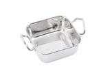 A shiny, empty, square stainless steel mini roast pan with rounded corners and two curved handles on opposite sides, set against a white background. The pan reflects light, highlighting its smooth, polished surface and is dishwasher safe.