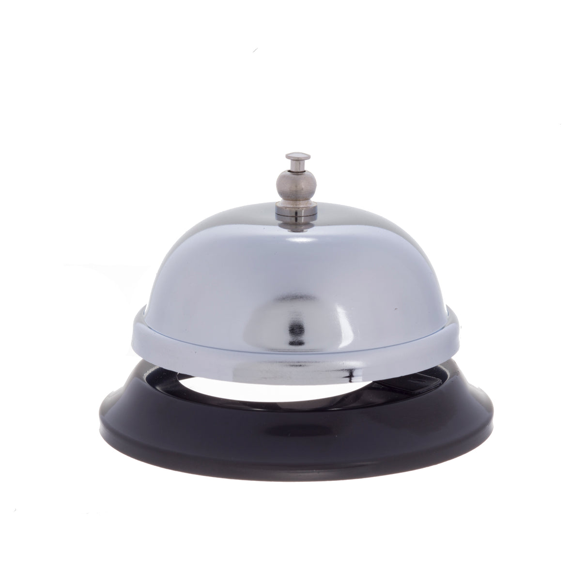 A classic TableCraft call bell with a shiny chrome plated dome and a small knob on top, sitting on a round black base. The bell is isolated on a plain white background.