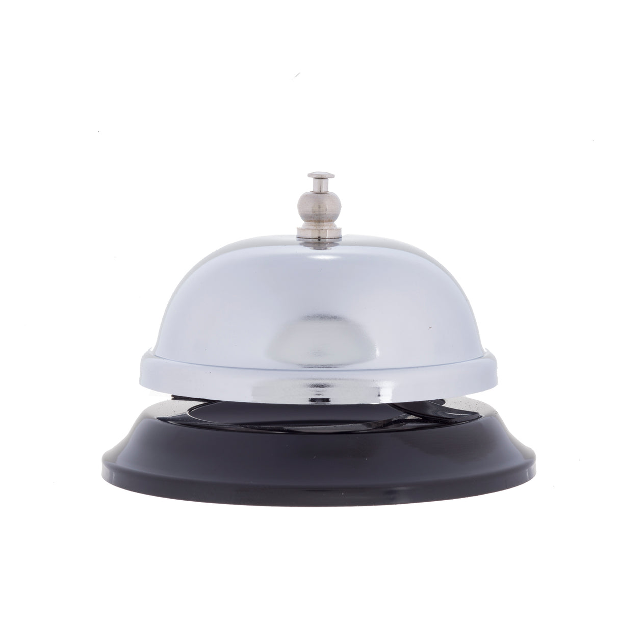 A shiny TableCraft chrome plated call bell with a round top and button sits on a black plastic base. The bell is centered against a plain white background, its reflective surface catching the light.