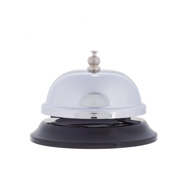 A shiny TableCraft chrome plated call bell with a round top and button sits on a black plastic base. The bell is centered against a plain white background, its reflective surface catching the light.