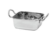 A shiny, square stainless steel mini roast pan with rounded corners and two large, looped handles sits empty on a white background, its oven safe design reflecting light on the smooth metallic surface.
