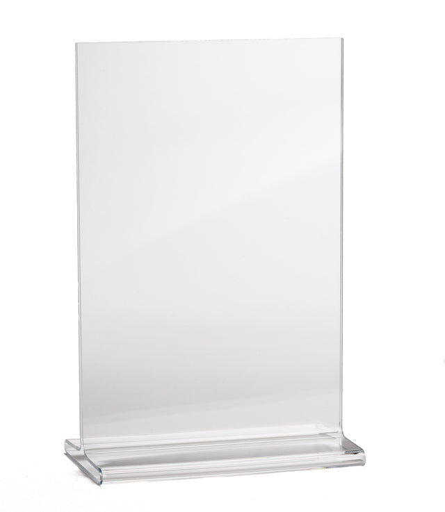 A clear, upright acrylic menu holder with a glossy, transparent finish and solid flat base. Made in USA, this rectangular holder stands empty against a plain white background, ready to display your signs or menus.