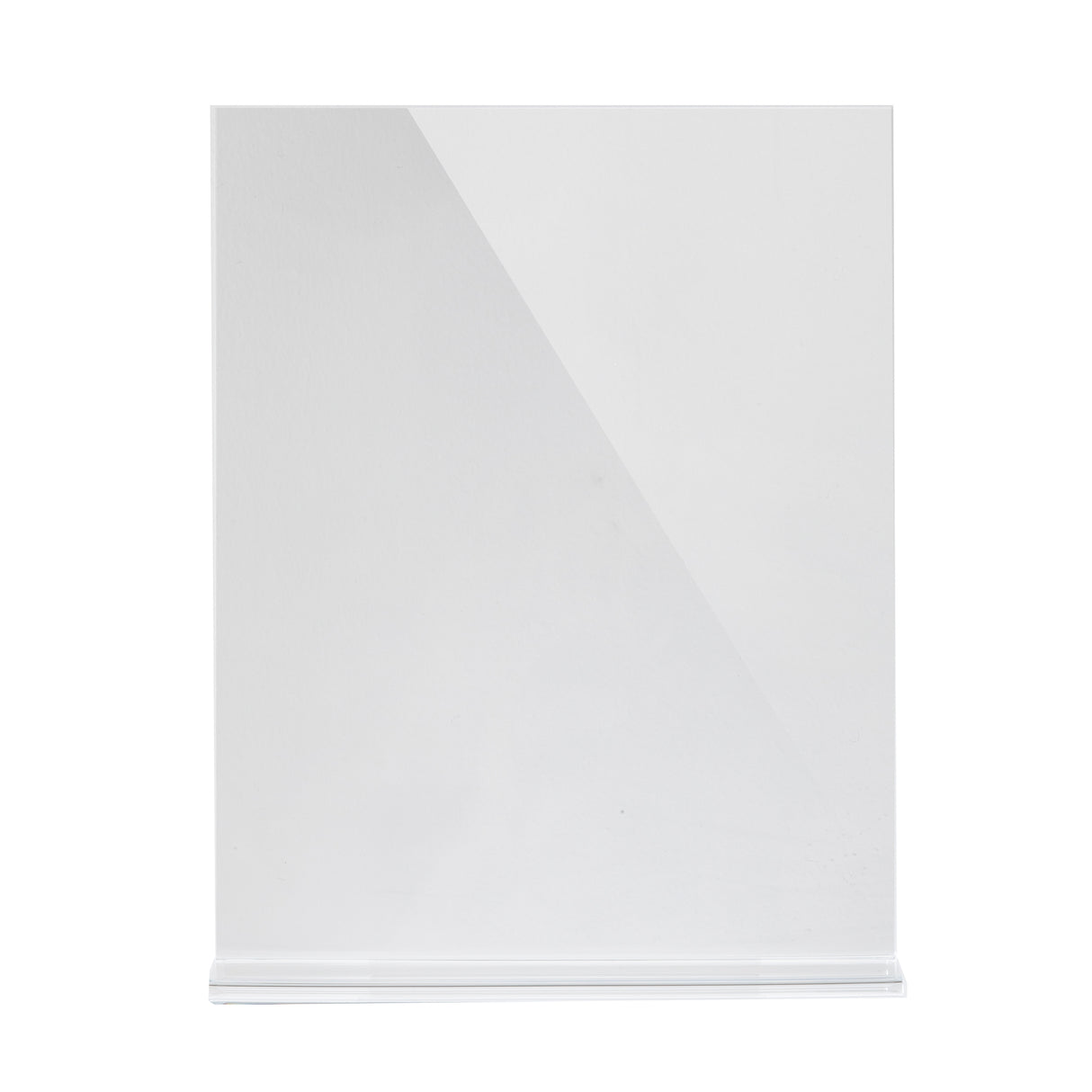 A clear, upright acrylic menu holder with a rectangular shape and flat base. Made in USA, the empty holder stands against a plain white background, showing a slight reflective sheen on its surface.