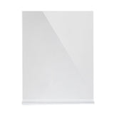A clear, upright acrylic menu holder with a rectangular shape and flat base. Made in USA, the empty holder stands against a plain white background, showing a slight reflective sheen on its surface.