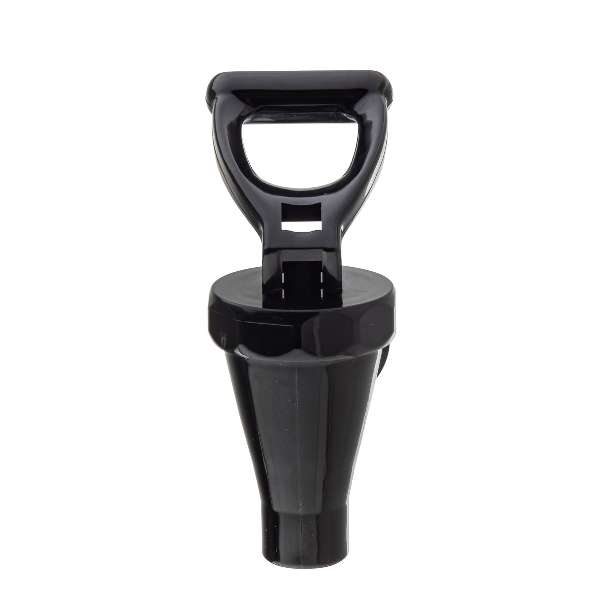 A glossy black plastic tool with a wide, hollow conical base narrowing toward the bottom. Designed for Slimline beverage dispensers, its rectangular handle is easy to grip and features a convenient cutout. Photographed against a white background.