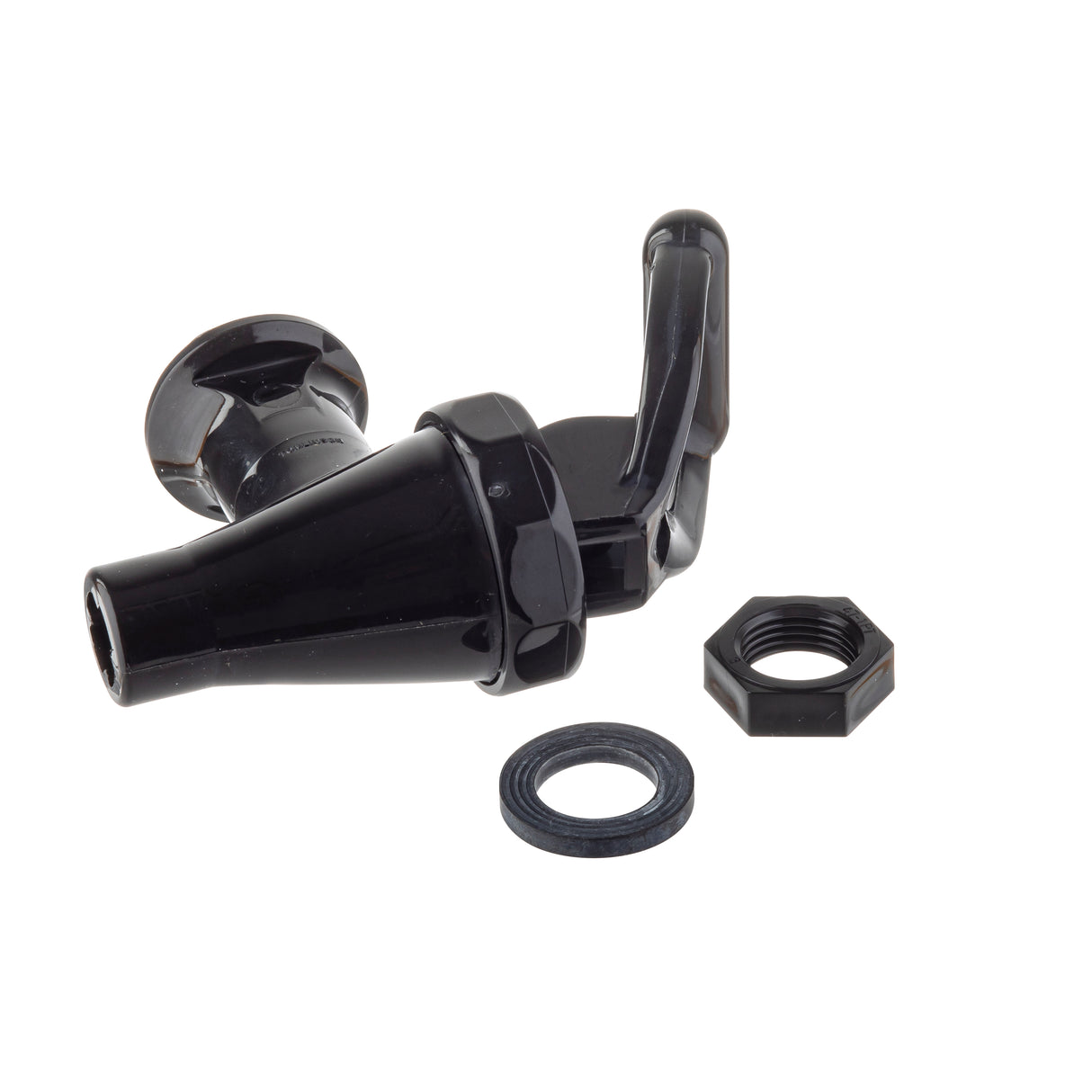 A black plastic Fast Flow Faucet spigot with a lever handle is shown lying on its side. Beside it are a black hexagonal mounting nut and a round rubber gasket, all designed for Slimline beverage dispensers, on a plain white background.