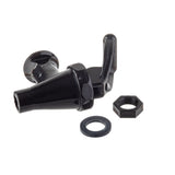 A black plastic Fast Flow Faucet spigot with a lever handle is shown lying on its side. Beside it are a black hexagonal mounting nut and a round rubber gasket, all designed for Slimline beverage dispensers, on a plain white background.