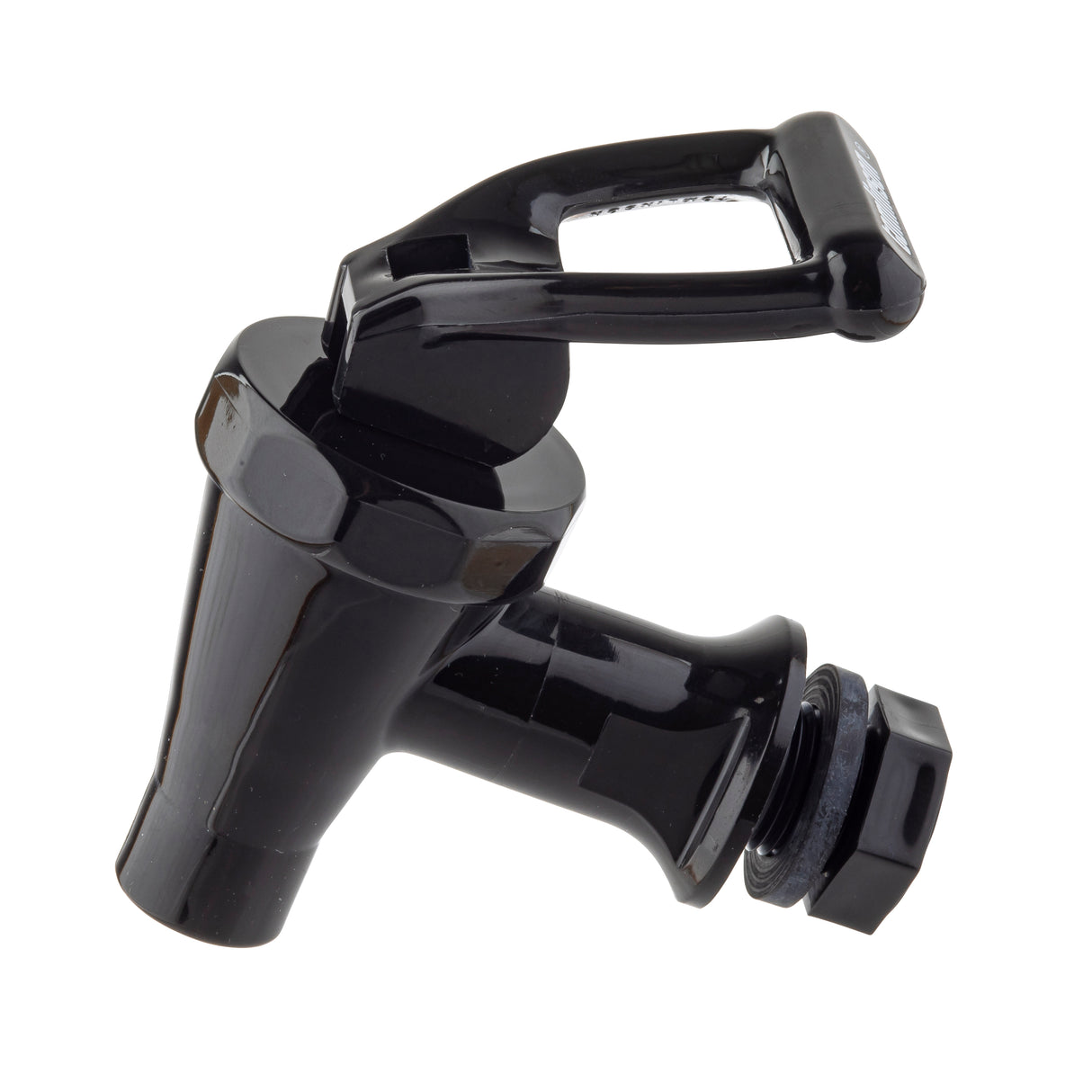 A close-up of a black plastic Fast Flow Faucet with a lever handle. The tap, ideal for Slimline beverage dispensers, has a threaded end and rubber gasket for attachment, shown against a white background. Suitable for water or beverage containers.