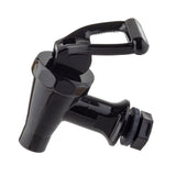 A close-up of a black plastic Fast Flow Faucet with a lever handle. The tap, ideal for Slimline beverage dispensers, has a threaded end and rubber gasket for attachment, shown against a white background. Suitable for water or beverage containers.