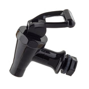 A close-up of a black plastic Fast Flow Faucet with a lever handle. The tap, ideal for Slimline beverage dispensers, has a threaded end and rubber gasket for attachment, shown against a white background. Suitable for water or beverage containers.