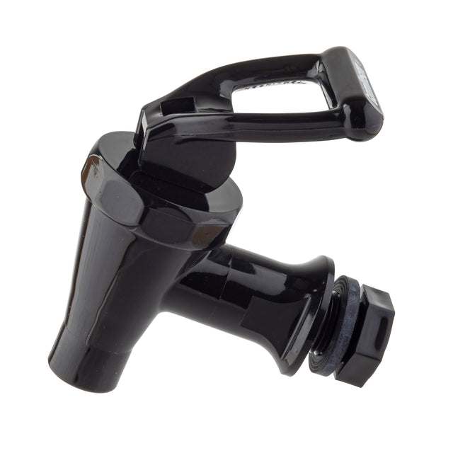 A close-up of a black plastic Fast Flow Faucet with a lever handle. The tap, ideal for Slimline beverage dispensers, has a threaded end and rubber gasket for attachment, shown against a white background. Suitable for water or beverage containers.