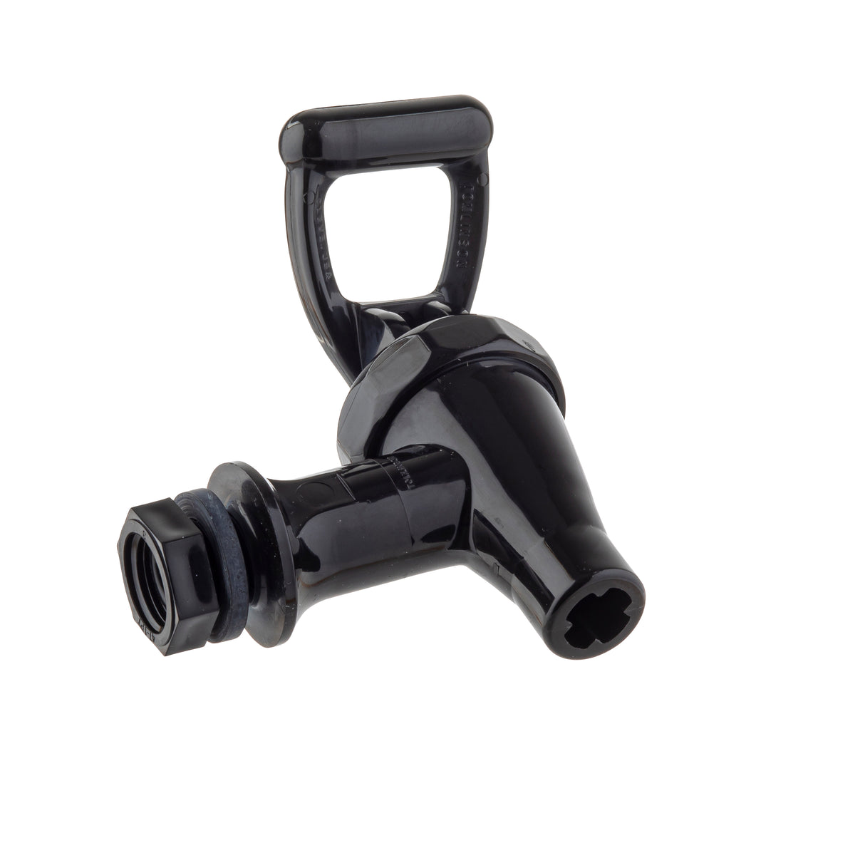A black plastic Fast Flow Faucet with a short spout and an inverted T-shaped handle. Designed for Slimline beverage dispensers, it includes a threaded connector for easy attachment to a pipe or hose, photographed on a white background.