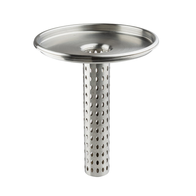 A stainless steel drain cover from TableCraft, featuring a flat, round top and a cylindrical, perforated strainer tube—much like an infuser—lets water pass through while catching debris.