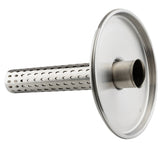 A stainless steel cylindrical infuser filter with a perforated tube attached to a solid, circular flat disc. The tube has evenly spaced round holes, making it ideal for use in a TableCraft beverage dispenser with its industrial design.