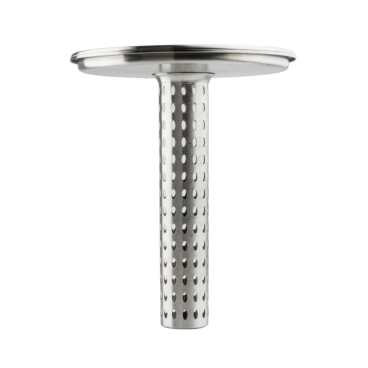 A close-up of a cylindrical stainless steel TableCraft infuser with round holes and a flat, circular top. The smooth, reflective metal surface stands out against a plain white background, with the filter positioned upright.