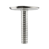 A close-up of a cylindrical stainless steel TableCraft infuser with round holes and a flat, circular top. The smooth, reflective metal surface stands out against a plain white background, with the filter positioned upright.